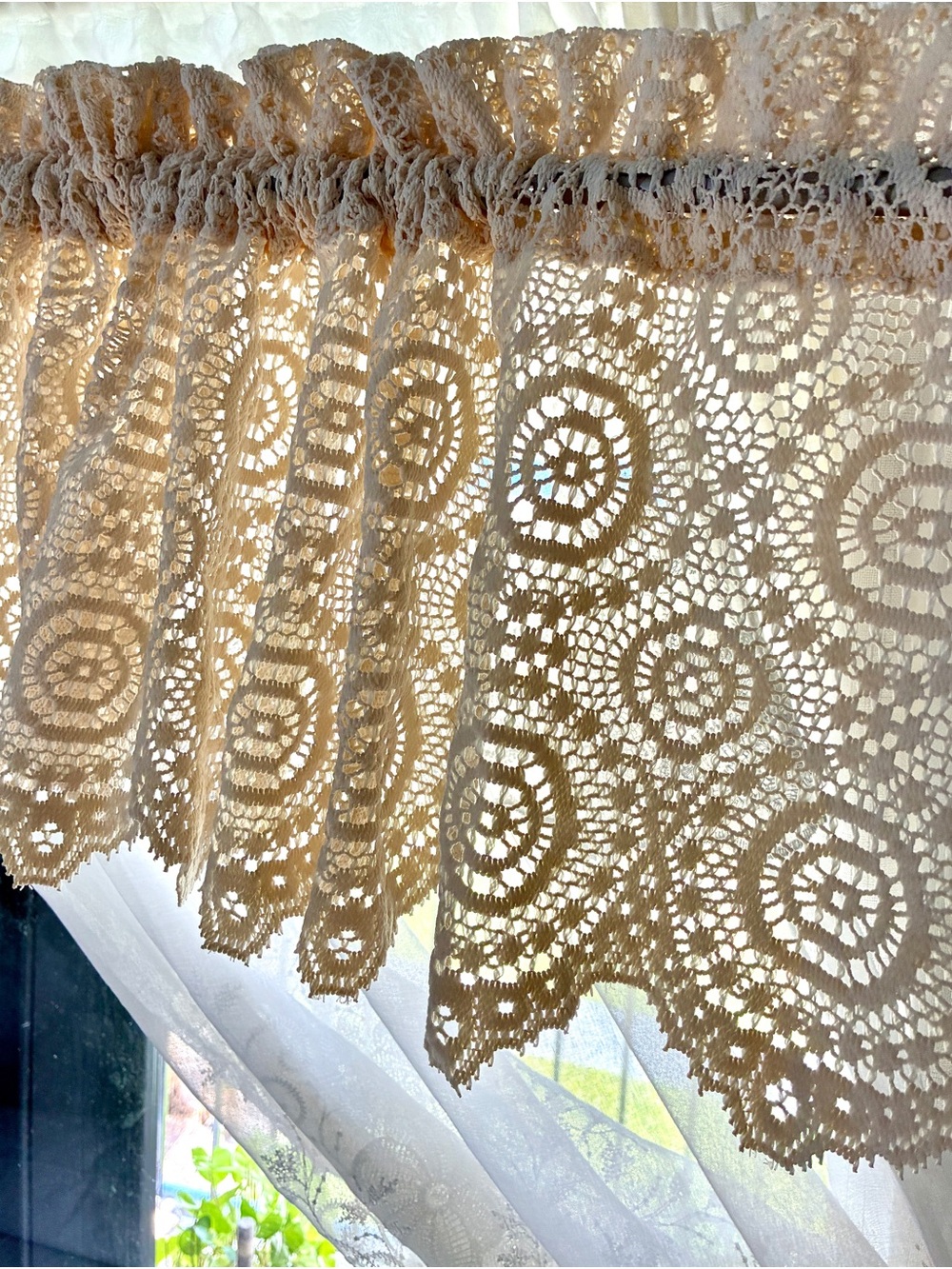 Crochet Lace Valance Curtain valance  in Beige/Cream 12” x 60” Rod pocket
